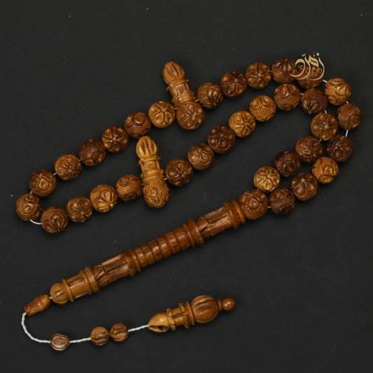 سبحة خشب كوك طبيعي منقوش يدويًا – 33 خرزة دائري