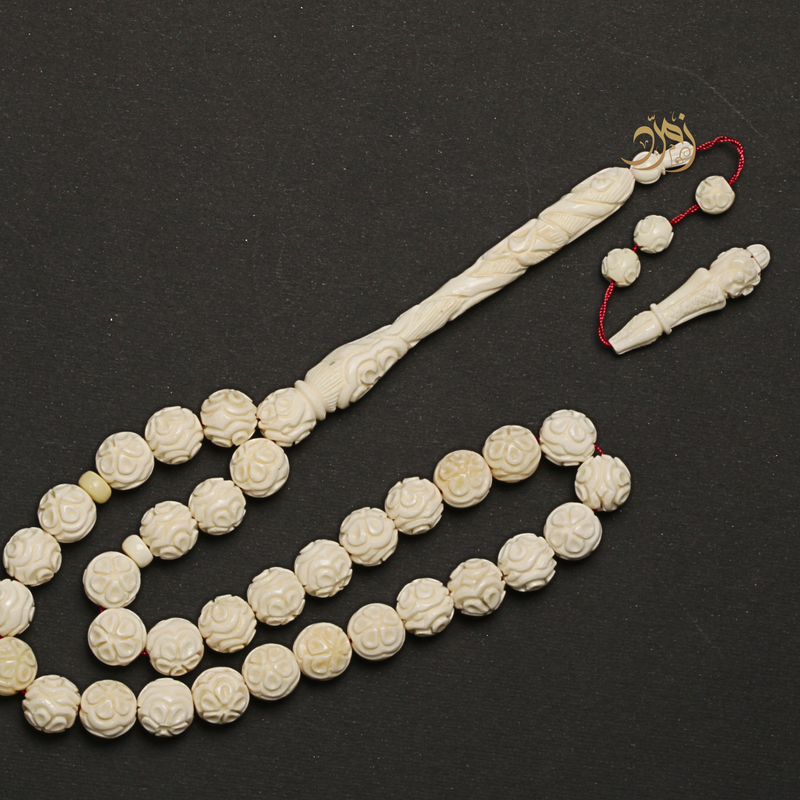 سبحة عظم جمل طبيعي منقوش يدويًا  - 33 خرزة دائري