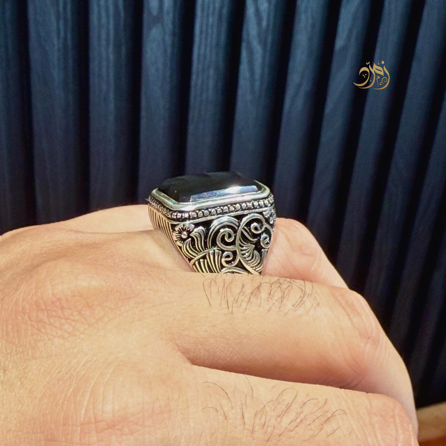 خاتم عقيق يماني أسود طبيعي صياغة عارف
