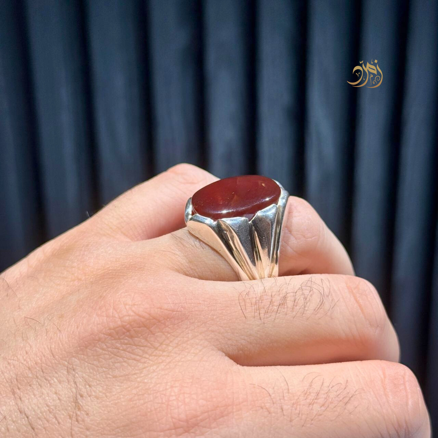 خاتم عقيق يماني كبدي طبيعي صياغة عارف