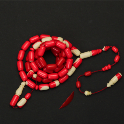 سبحة طابة بلياردو صب قدم ألماني - أحمر وعاجي - 57 خرزة - صنوبري