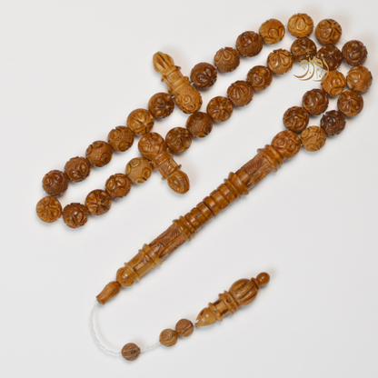 سبحة خشب كوك طبيعي منقوش يدويًا – 33 خرزة دائري