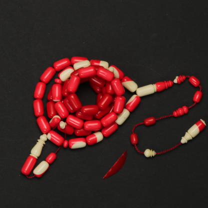 سبحة طابة بلياردو صب قدم ألماني - أحمر وعاجي - 57 خرزة - صنوبري