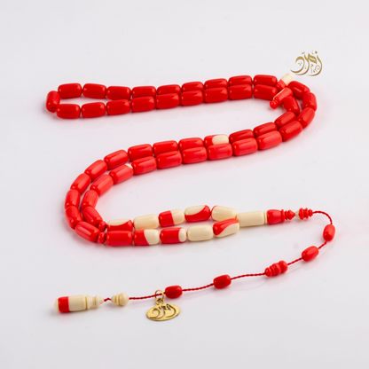 سبحة طابة بلياردو صب قدم ألماني - أحمر وعاجي - 57 خرزة - صنوبري