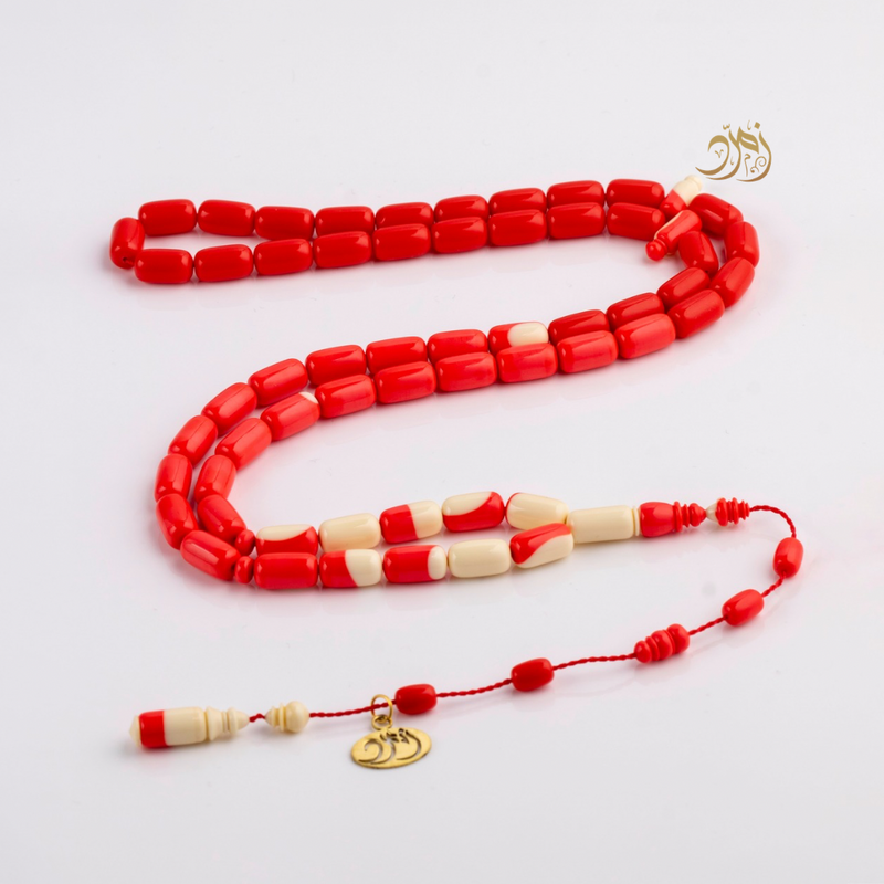 سبحة طابة بلياردو صب قدم ألماني - أحمر وعاجي - 57 خرزة - صنوبري