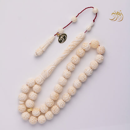 سبحة عظم جمل طبيعي منقوش يدويًا  - 33 خرزة دائري