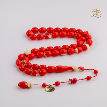 سبحة من طابة بلياردو جديد  احمر و ابيض - 43 خرزة - بيض حمام