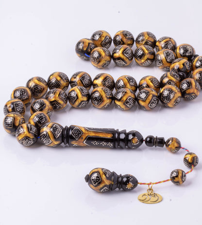 سبحة يسر طبيعي مطعم بالفضة والكهرمان 33 خرزة دائري