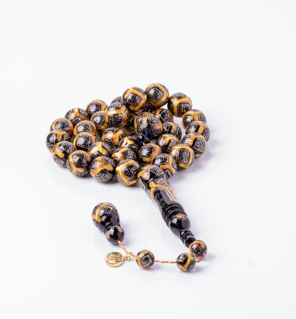 سبحة يسر طبيعي مطعم بالفضة والكهرمان 33 خرزة دائري