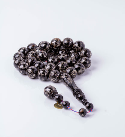 سبحة يسر طبيعي مطعم بالفضة 33 خرزة دائري