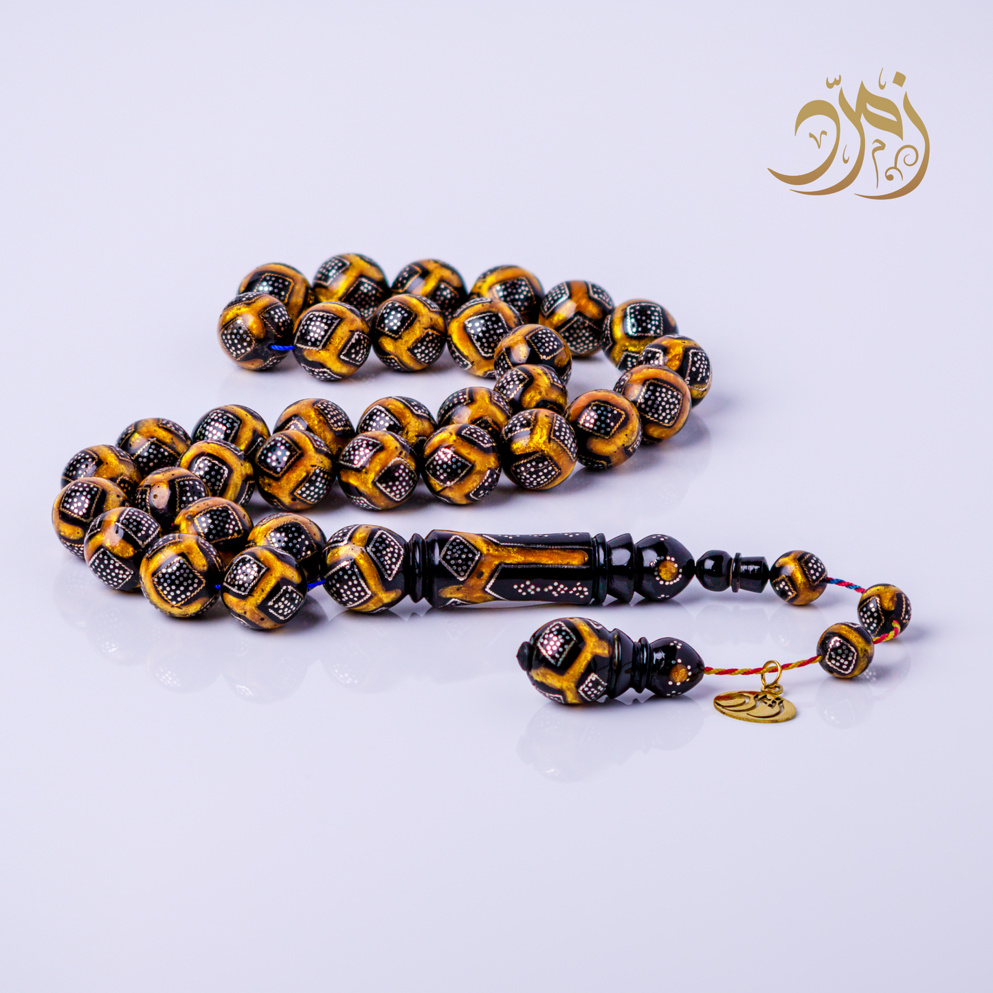 سبحة يسر طبيعي مطعم بالفضة والكهرمان 33 خرزة دائري